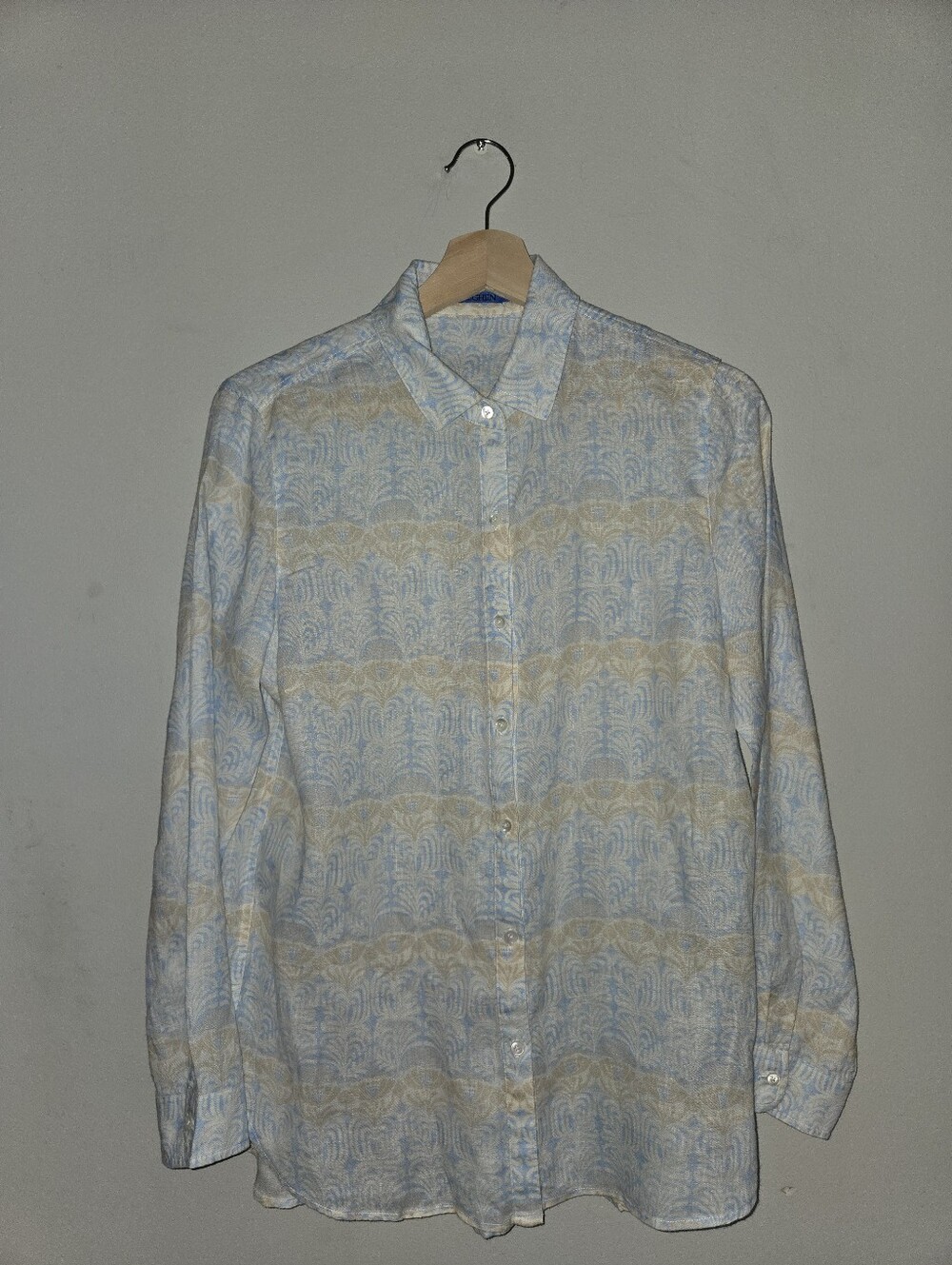 J McLaughlin 100% Linen Shirt Small Blue Beige Floral Button Down Coastal Boho